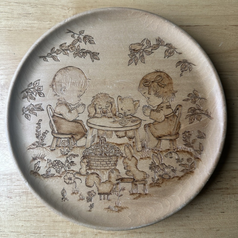 VTG 2001 Hand Carved Wood Art Decorative Plate 8 Inch Life's Little Blessings